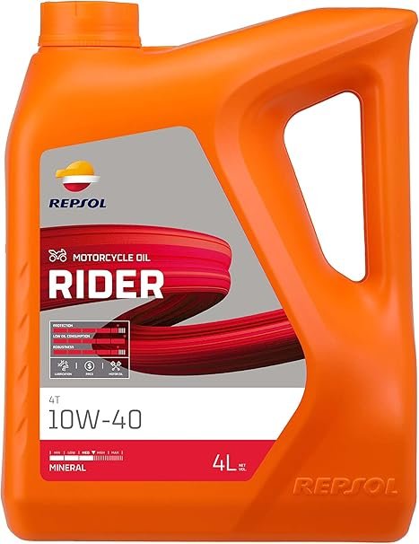 REPSOL Olio Lubrificante MOTO 4 TEMPI MOTO RIDER 4T 10W-40 LT 4 EX RP MOTO RIDER 4T 1Olio lubrificante per motori da 4 litri a bassa, media e alta cilindrata. Data la sua particolare composizione, il Repsol Moto Rider ? particolarmente indicato per percorrere molti chilometri senza preoccuparsi di perdite di prestazioni o di usura prematura dei diversi componenti del motore nelle situazioni pi? diverse. ? quindi ideale, tra gli altri usi, per i lunghi viaggi, poich? non ? necessario controllarne regolarmente il consumo data la sua particolare viscosit?.