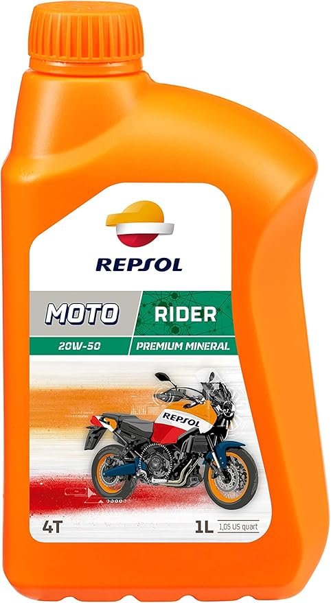 REPSOL Olio Lubrificante MOTO 4 TEMPI MOTO RIDER 4T 20W-50 LT 1 EX RP MOTO RIDER 4T 2Olio lubrificante per motori da 4 litri a bassa, media e alta cilindrata. Data la sua particolare composizione, il Repsol Moto Rider ? particolarmente indicato per percorrere molti chilometri senza preoccuparsi di perdite di prestazioni o di usura prematura dei diversi componenti del motore nelle situazioni pi? diverse. ? quindi ideale, tra gli altri usi, per i lunghi viaggi, poich? non ? necessario controllarne regolarmente il consumo data la sua particolare viscosit?.