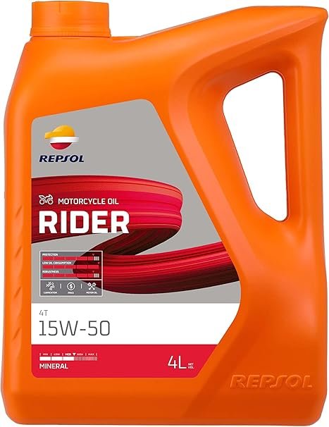 REPSOL Olio Lubrificante MOTO 4 TEMPI MOTO RIDER 4T 15W-50 LT 4 EX RP MOTO RIDER 4T 1Olio lubrificante per motori da 4 litri a bassa, media e alta cilindrata. Data la sua particolare composizione, il Repsol Moto Rider ? particolarmente indicato per percorrere molti chilometri senza preoccuparsi di perdite di prestazioni o di usura prematura dei diversi componenti del motore nelle situazioni pi? diverse. ? quindi ideale, tra gli altri usi, per i lunghi viaggi, poich? non ? necessario controllarne regolarmente il consumo data la sua particolare viscosit?.