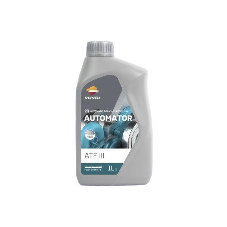REPSOL Olio Lubrificante CAMBIO & TRASMISSIONI AUTOMAR ATF AUTOMATOR ATF III LT. 1 EX RP MATIC III ATFLubrificante sintetico a lunga durata per trasmissioni automatiche,
pu? essere utilizzato in autovetture, veicoli commerciali e macchine
movimento terra. ? consigliato per trasmissioni e servosterzi che
richiedono un fluido conforme alla specifica DEXRON III. Automator ATF
III ? stato inoltre progettato appositamente per soddisfare i requisiti
pi? severi dei cambi automatici nei veicoli pesanti che richiedono la
specifica Allison TES-295. Soddisfa i requisiti Voith e di altri produttori